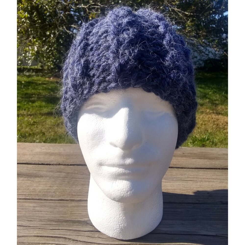 Chunky Skully Beanie Hat Hand Knit Men's Unisex Midnight Blue Alpaca Blend M/L - Picture 3 of 9